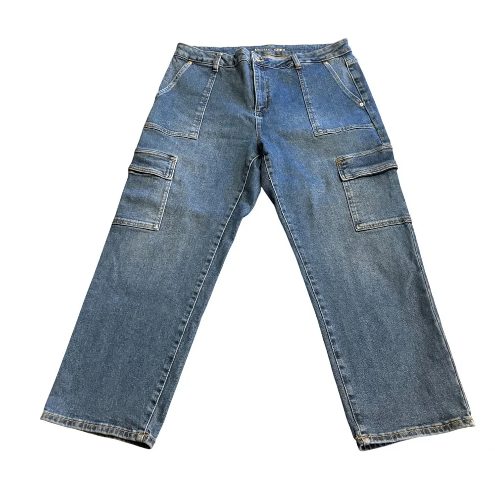 Michael Kors Wide Leg Cargo Jeans Women's 14 Blue Denim Utility Carpenter Pant‎
